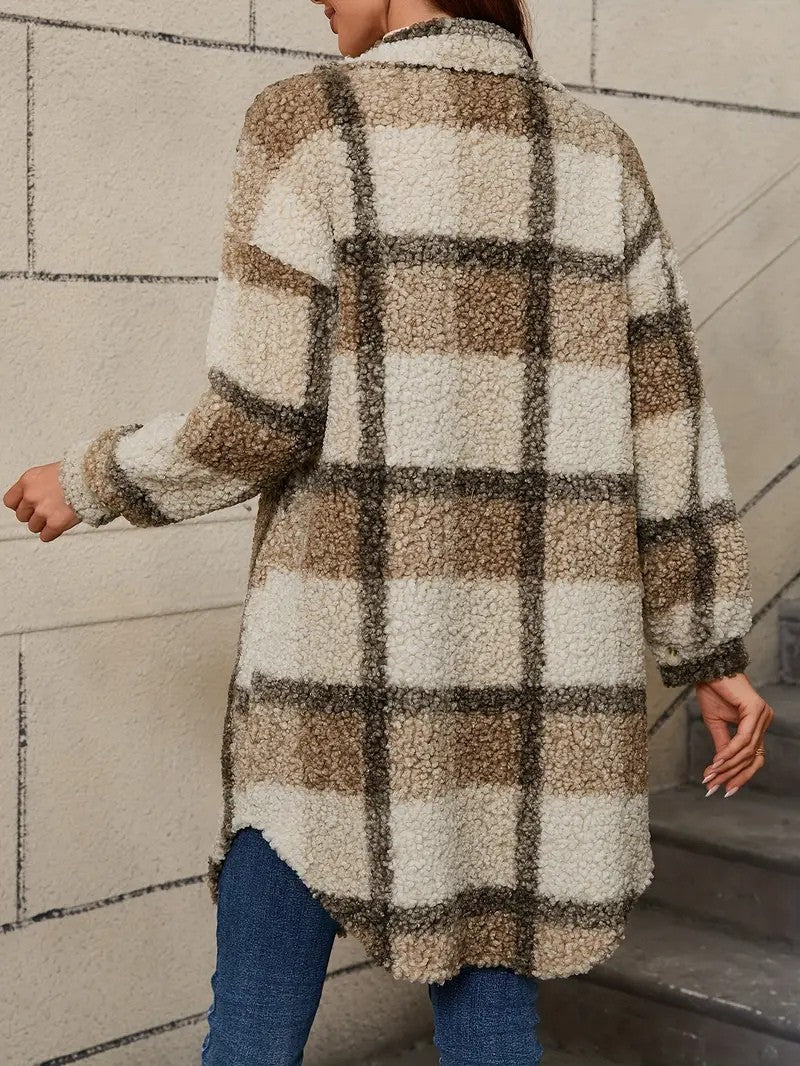 Women's Plaid Fuzzy Long Coat - Women's Coat - Wild Eye Vision