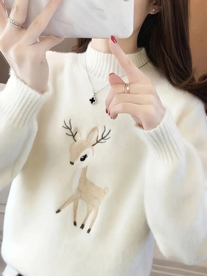 Women’s Reindeer Embroidered Half - Turtleneck Sweater - Ladies Christmas Jumpers - Wild Eye Vision