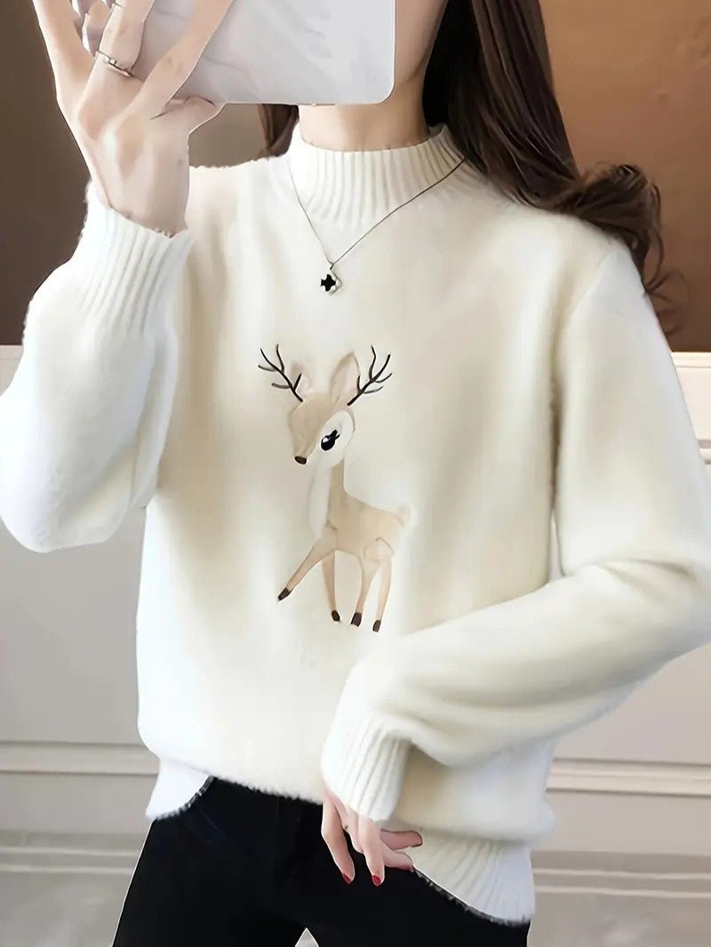 Women’s Reindeer Embroidered Half - Turtleneck Sweater - Ladies Christmas Jumpers - Wild Eye Vision