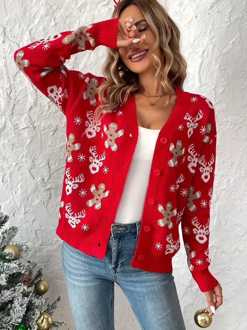 Women’s Reindeer & Snowflake V - Neck Cardigan - Ladies Christmas Jumpers - Wild Eye Vision