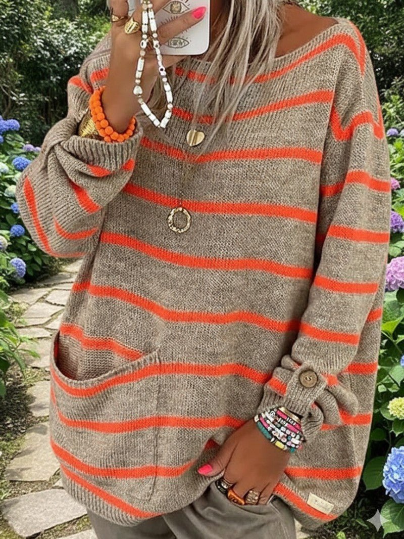 Women's Striped Oversized Knit Jumper with Pockets - Women Knitted Jumper - Wild Eye Vision