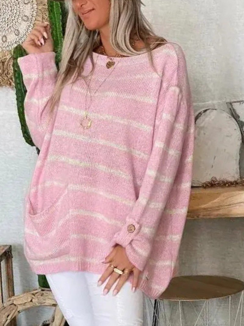 Women's Striped Oversized Knit Jumper with Pockets - Women Knitted Jumper - Wild Eye Vision