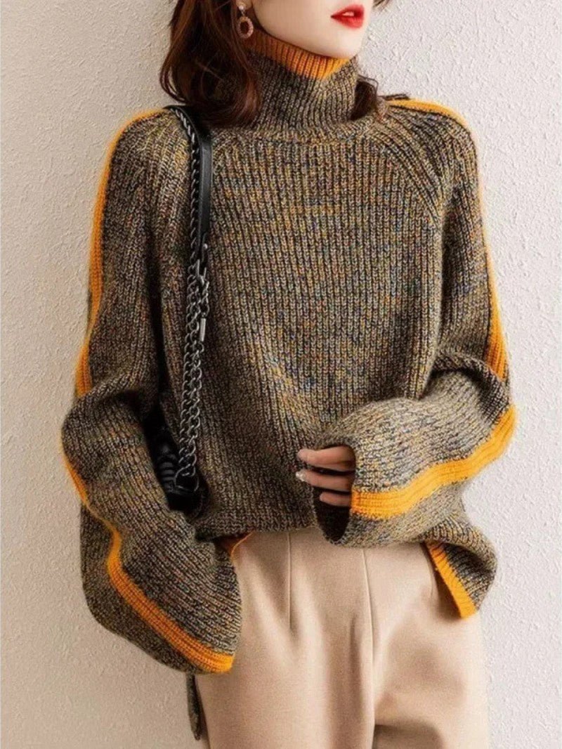 Women's Wool Turtleneck Sweater with Contrast Trim - Women Jumper - Wild Eye Vision